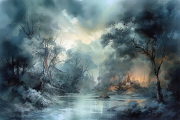 Fototapeta premium a mysterious forest landscape with a river flowing through the center of the scene. 