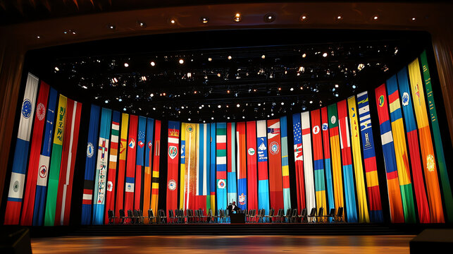 Panel discussion stage at World Economic Forum showcasing diverse national flags and seating arrangements for speakers