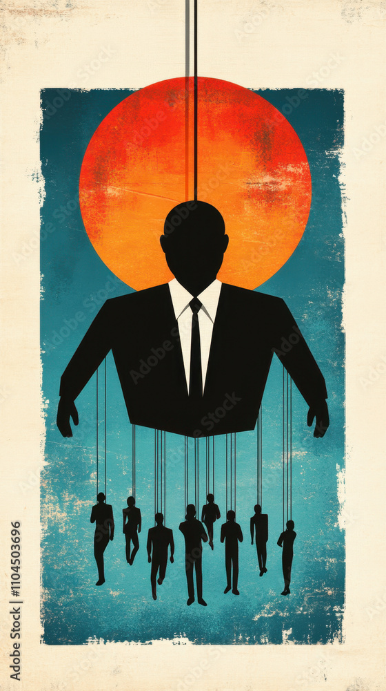 Poster boss and subordinates and oppression. a shadowy figure in a suit controls smaller figures below, set