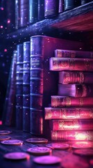 Dynamic 3D Graphic Illustrating a Collection of Investment-Related Resources: Online Platforms & Traditional Books Promoting Financial Literacy