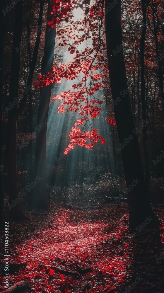 Poster sunbeams filtering through red autumn leaves in forest