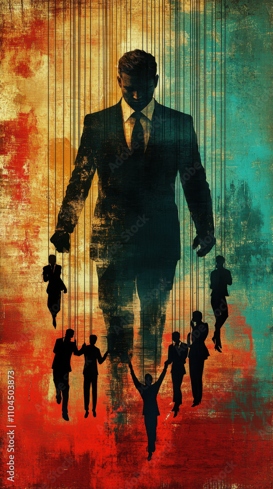 Poster boss and subordinates and oppression. a shadowy figure in a suit manipulates smaller silhouettes lik