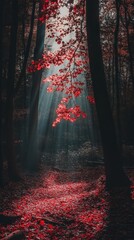 Sunbeams filtering through red autumn leaves in forest