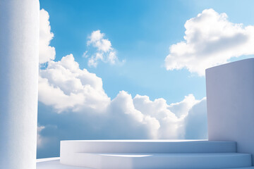 3d rendering of a blue sky with white clouds. the sky is a bright, clear blue with a few wispy clouds scattered across it. on the left side of the image, there is a pink wall with a shadow cast on it.