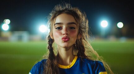 Young girl poses playfully after a soccer game at night, wearing a blue and yellow jersey