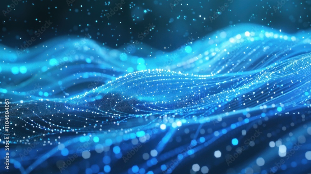 Poster abstract blue waves with glowing particles creating a serene atmosphere, ideal for backgrounds in di