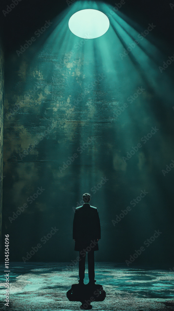 Poster boss and subordinates and oppression. a man stands in a dimly lit space, illuminated by a circular b