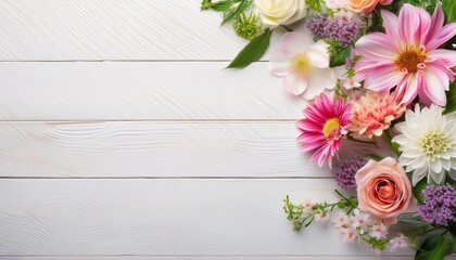 Garden flowers over l wooden table background. Backdrop with copy space