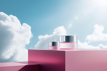 Minimalist Pink Geometric Blocks with Sky and Clouds &ndash; Modern Abstract Design