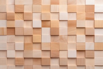 3D wooden cube pattern background, natural wood tones, geometric arrangement of square wooden blocks, minimalist design, textured and decorative, modern and creative concept


