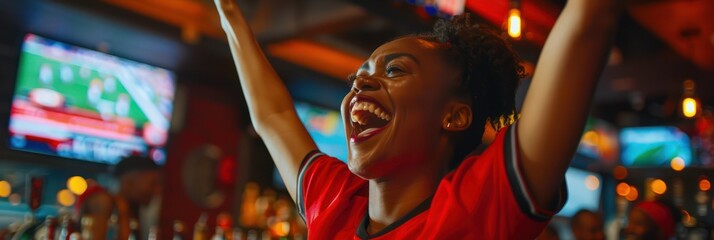 Vibrant scene at sports bar features joyful black woman in red jersey, cheering, raising arms amidst lively atmosphere with friends watching football game on TV screen, energy composition with