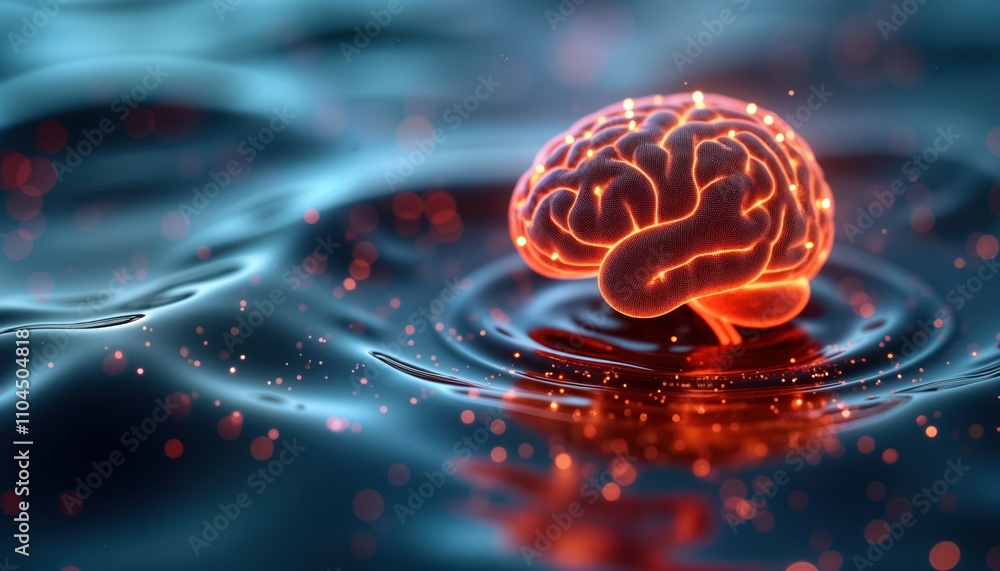 Poster illustration futuristic brain floating on liquid surface. modern tech concept. artificial intelligen