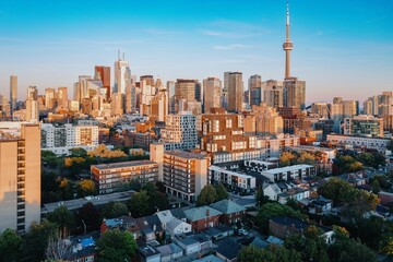 Toronto downtown city skyline and resident housing at sunrise, Ontario, Canada.