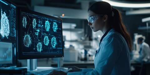 A young woman in a lab coat programming an AI system on her computer in a modern lab with a high-tech setup