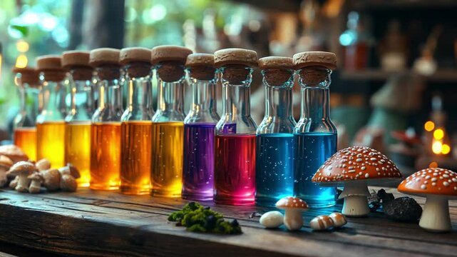 Colorful potion bottles and mushrooms on a wooden table in a sunny, mystical forest