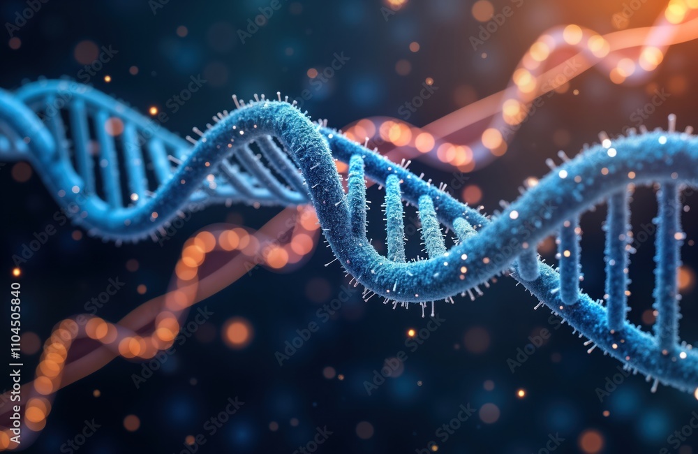 Poster Abstract illustration of DNA double helix. Futuristic scientific visual representation of genetic structure. Sparkling lights highlight molecular structure. Image suitable for education research