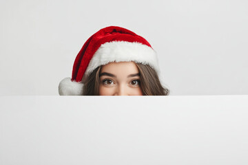 A festive woman wearing a red santa christmas hat holding a large blank promotional sign