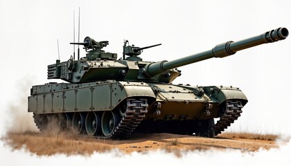 Military tank positioned on sandy terrain. Powerful tank features long cannon, armored structure. Tank shown isolated on transparent background. Image style evokes sense of modern combat technology.