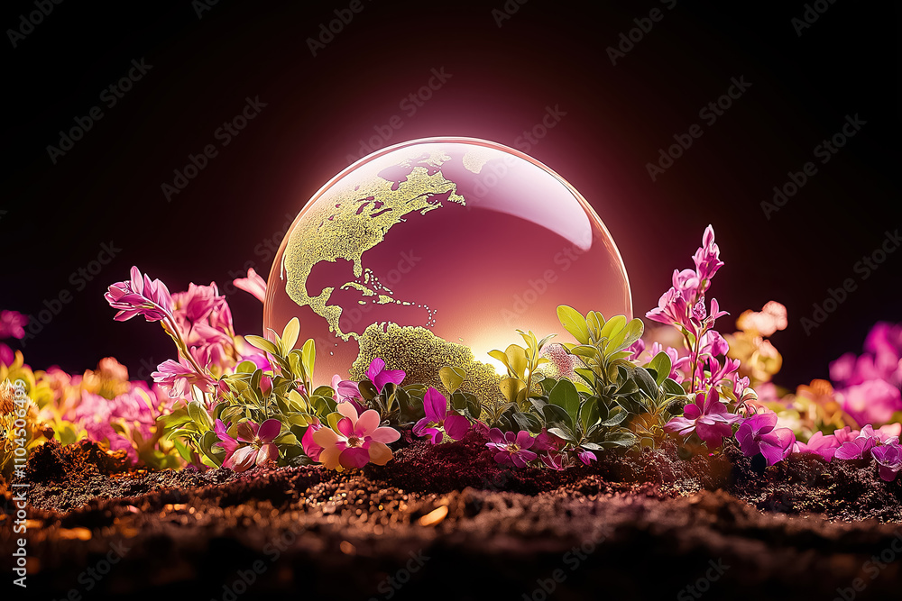 Poster a globe rests delicately among colorful flowers, creating a peaceful and enchanting atmosphere illum