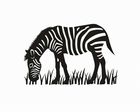 A silhouette of a zebra grazing in tall grass, showcasing its striking black and white stripes. - Powered by Adobe