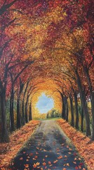 Vibrant orange and red leaves covering winding road in autumn forest painting