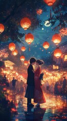 Fototapeta premium Anime couple on a date during a festival, colorful lanterns in the background, detailed traditional clothing, romantic atmosphere