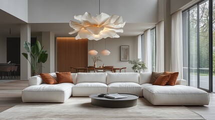 Modern living room with sectional sofa, large flower pendant light, and minimalist decor.