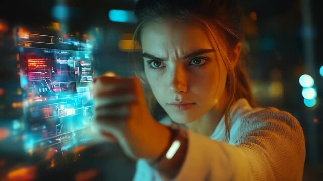 Intense focus on a digital interface with a determined expression in a futuristic setting at night
