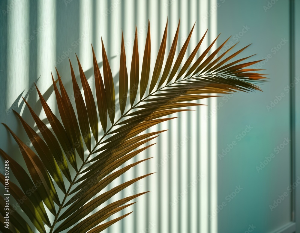 Aufkleber Modern abstract design with palm leaf against wall with vertical lines. Sunny light casts shadows on leaf, wall creating three-dimensional effect. Minimalist style. Clean lines. Empty space for