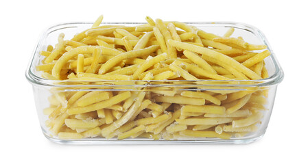 Frozen yellow beans in container isolated on white