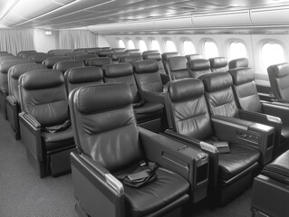 Fototapeta premium Empty black leather seats inside an airplane cabin showing comfort and luxury