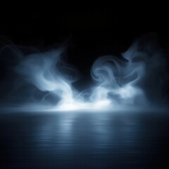 Mystical fog swirls softly on dark floor. Light reflects on fluid shapes. Abstract art evokes mystery, fantasy. Futuristic ambiance. Scene suggests surreal landscape. Vivid light dance. Dark surface