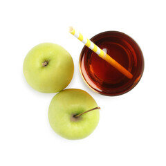 Tasty apple juice in glass and fresh fruits isolated on white, top view
