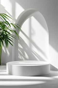 mockup of stage with empty podium and plants