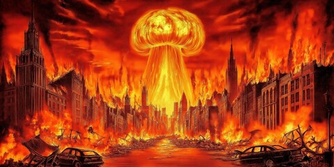 Obraz premium Nuclear explosion destroying city with fire and cars