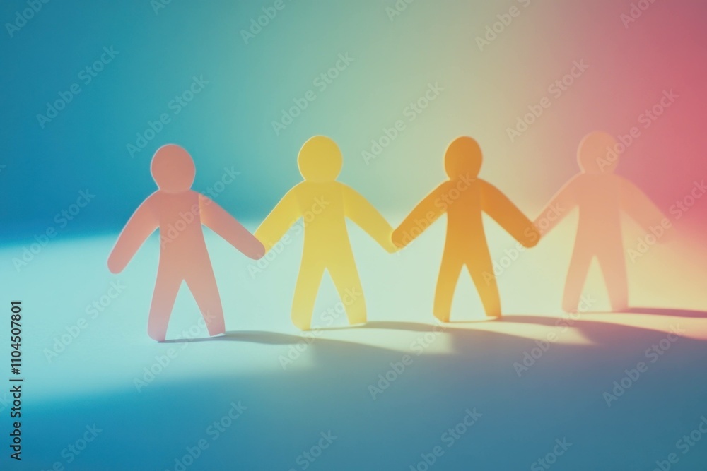 Poster colorful paper figures holding hands, representing unity and friendship, with a soft gradient backgr