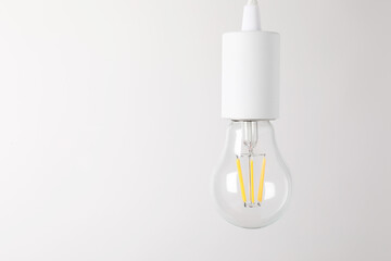 One light bulb hanging on cord against white background. Space for text