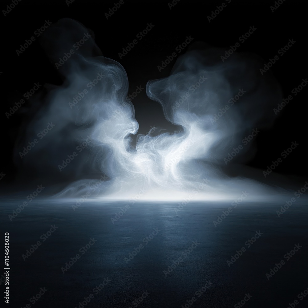 Aufkleber Mystical fog swirls on dark floor. Light and shadow dance in abstract patterns. Mysterious ambiance. Fluid movement of fog and light creates surreal scenery.