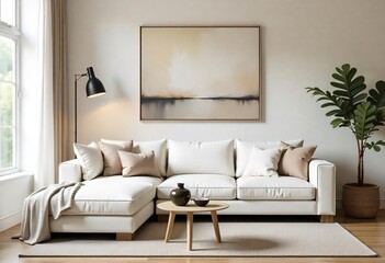 a living room with a couch, a coffee table, and a painting on the wall.