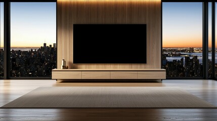 Modern living room with large TV screen, wooden wall, city view, and beige rug.