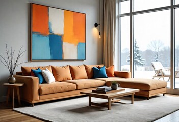 a living room with a white couch and pillows and a painting on the wall.