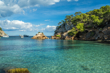 The Plageta de Portals Vells bay, view from the beach, Mallorca, Spain. 