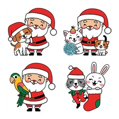 Fototapeta premium Santa Claus illustrations - Santa Claus stickers - kawaii - Santa Claus with pets