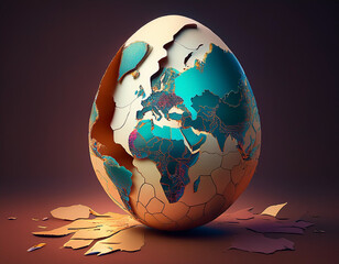 Egg with a crack shaped like a map, symbolizing global unity and potential