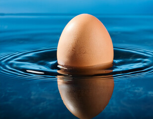 Egg submerged halfway in water, creating a distorted reflection, symbolizing perception