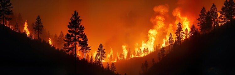 Forest fire burns trees at night. Flames engulf mountainside. Orange glow lights up dark silhouettes of trees. Dramatic natural disaster. Nighttime landscape shows devastation of fire. Mountain range