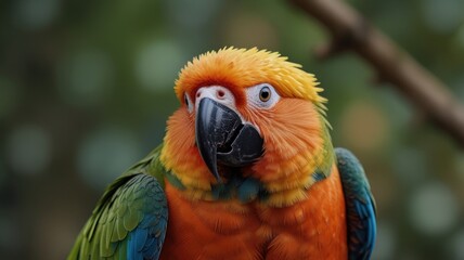 Close-up of a vibrant Sun Conure parrot with orange, green, and blue feathers, perched on a branch.