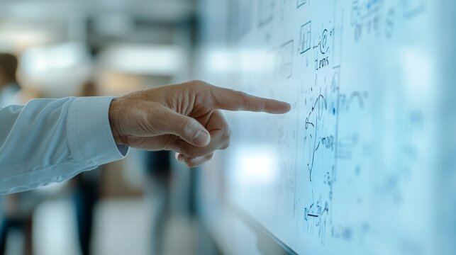 Close-up of a teacher's hand pointing to a math equation on a digital screen in a minimalistic setting - Powered by Adobe