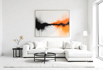 a living room with a white couch and a painting on the wall