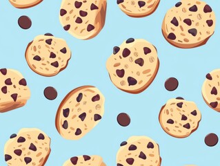 Chocolate chip cookies and oatmeal cookies arranged in a beautiful pattern, showcasing their texture, color, and detail. A delightful combination of sweet treats perfect for food photography.